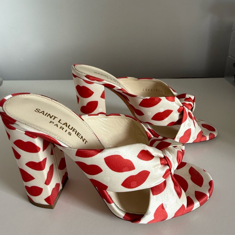 Yves Saint Laurent Red and White Lip Print Mules